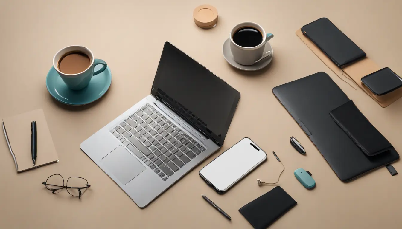 Mesa de escritório moderna com laptop exibindo gráficos de marketing, smartphone com notificações de mensagens e fone de ouvido com microfone.