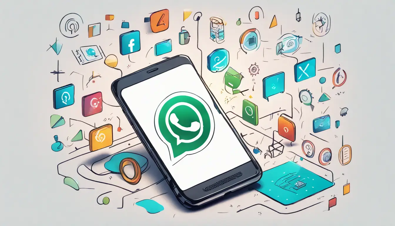 Smartphone com logo do WhatsApp na tela, cercado por ícones de análise de dados, gráficos e tabelas.