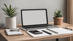 Laptop com tela de WhatsApp ao lado de bloco de notas e smartphone em mesa de escritório.