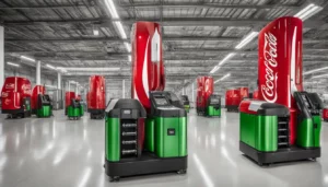 Fábrica automatizada da Coca-Cola com robôs e máquinas transportando garrafas recicladas.