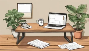 Smartphone com aplicativo de chat, três documentos abertos, xícara de café e planta em mesa de escritório.