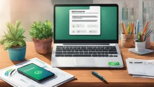 Interface do WhatsApp em um laptop ao lado de panfletos de seguro de saúde e smartphone em uma mesa de escritório.