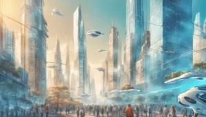 Arranha-céus futuristas de vidro e aço com veículos voadores e robôs humanoides nas ruas sob céu azul.