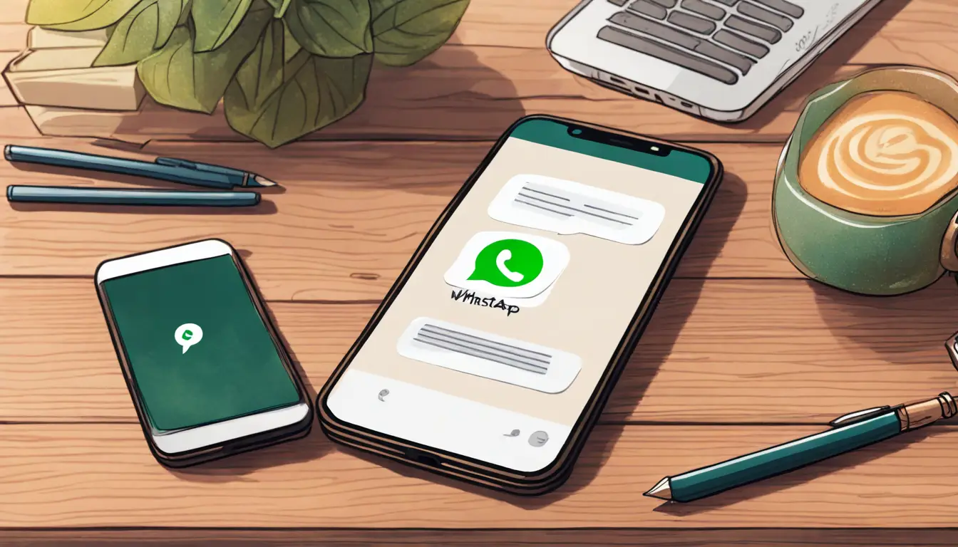 Smartphone com tela do aplicativo WhatsApp Business, mostrando notificações, ao lado de bloco de notas e caneta.