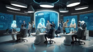 Avatares holográficos de IA atendendo clientes em um centro moderno com telas digitais mostrando dados.