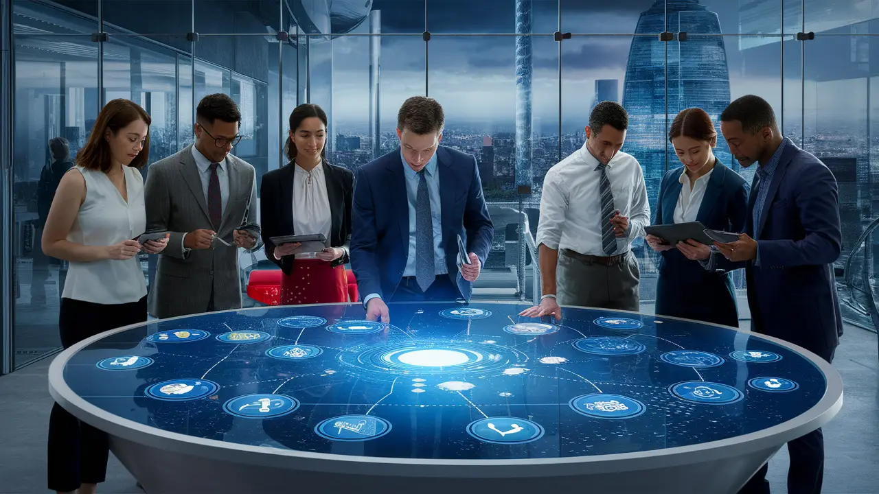 Pessoas em torno de mesa touchscreen analisando ícones digitais em escritório futurista com parede de vidro.