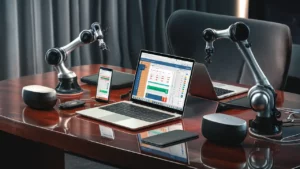 Ferramentas de automação em uma mesa de escritório moderna, incluindo laptop, smartphone, alto-falante inteligente e braço robótico.
