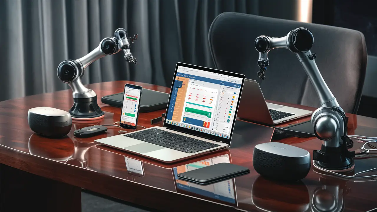 Ferramentas de automação em uma mesa de escritório moderna, incluindo laptop, smartphone, alto-falante inteligente e braço robótico.