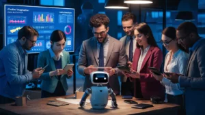 Pessoas em escritório com tela digital e robô mostrando interface de chatbot com gráficos coloridos.