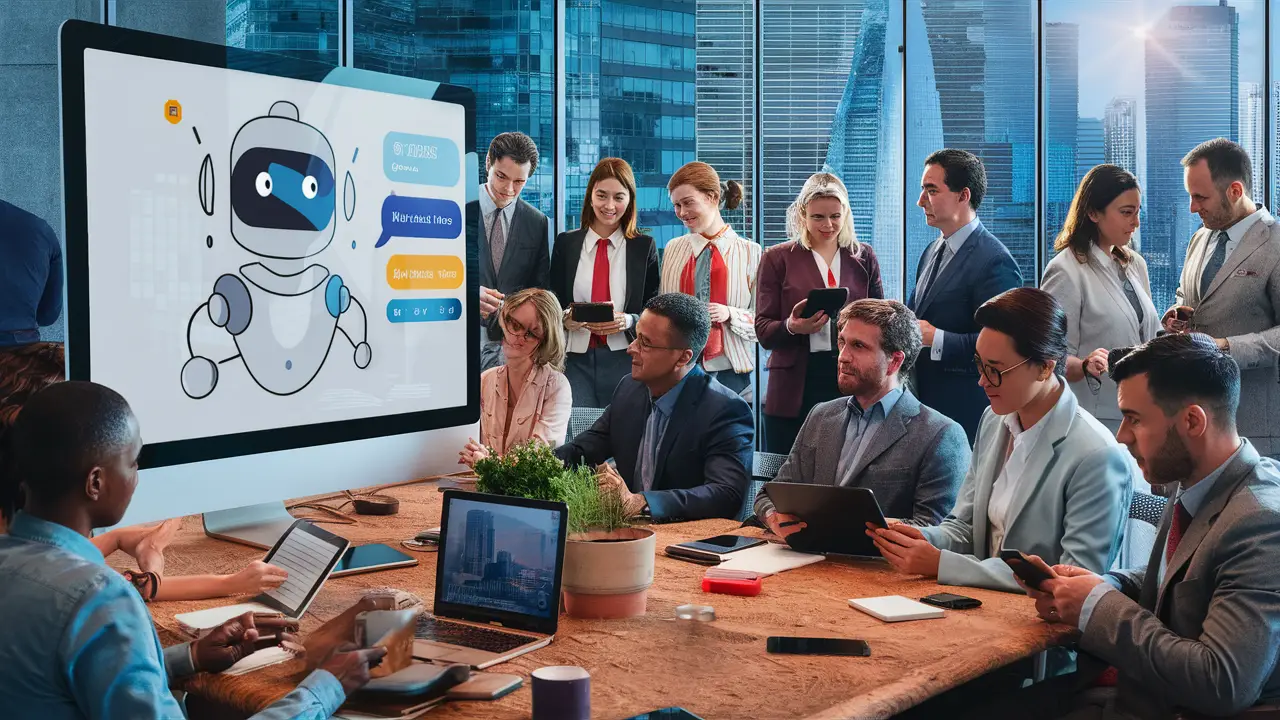 Pessoas diversas em escritório moderno observando uma tela gigante com interface de chatbot, cercada por dispositivos eletrônicos.