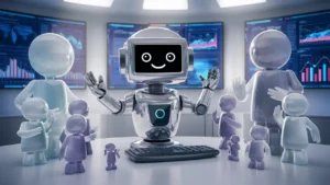 Robô chatbot prateado no centro de um escritório moderno, com figuras humanas abstratas conversando.