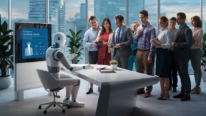 Robô humanoide em escritório moderno interagindo com pessoas através de tela sensível ao toque.
