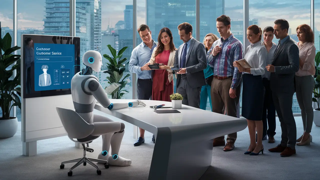 Robô humanoide em escritório moderno interagindo com pessoas através de tela sensível ao toque.